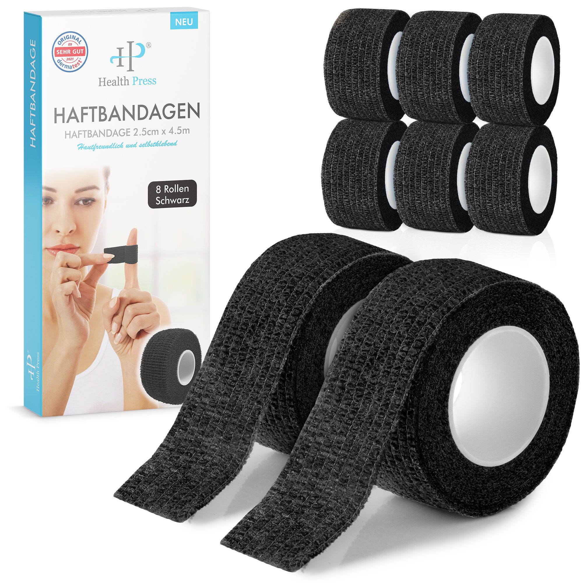 Mehrere Rollen schwarzes Haftband, teilweise in Verpackung. Aufdruck: Health Press, Haftbandagen, 2.5cm x 4.5m, 8 Rollen.