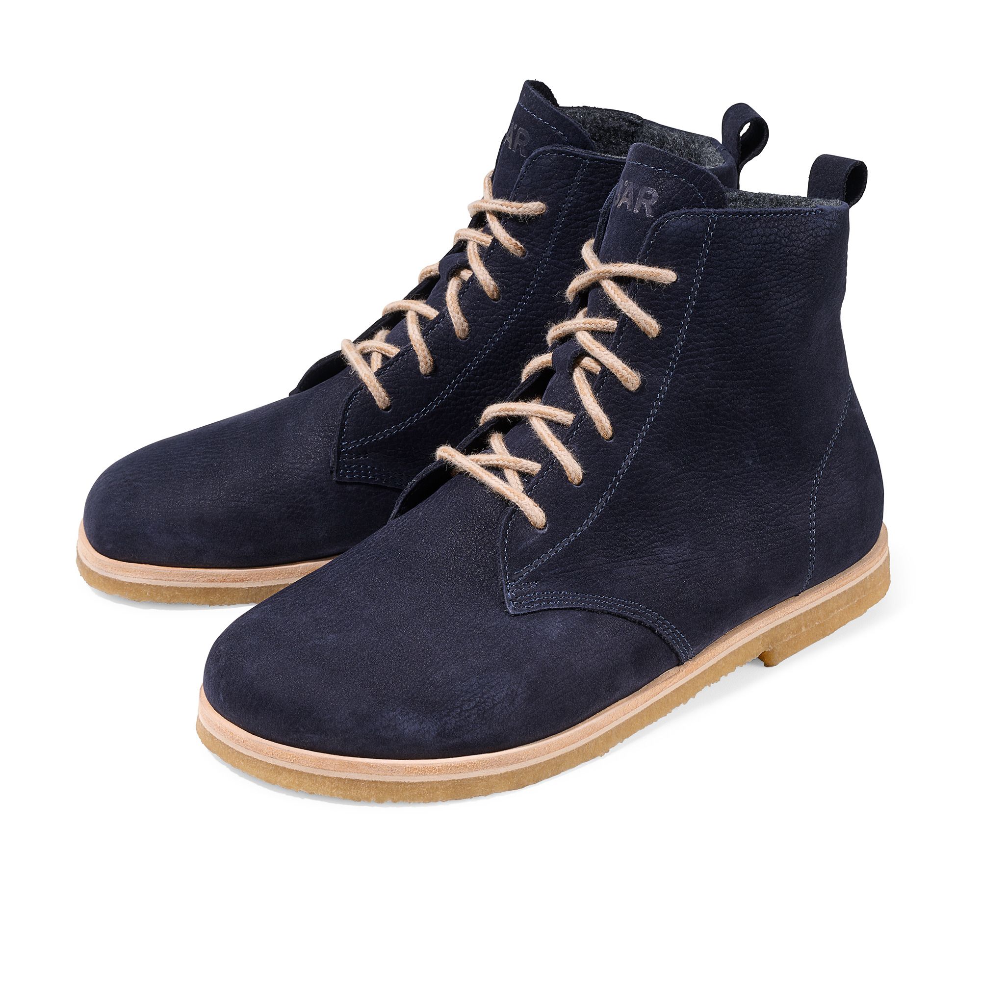 Dunkelblaue Damen-Stiefeletten aus Wildleder mit Schnürung und heller Gummisohle.