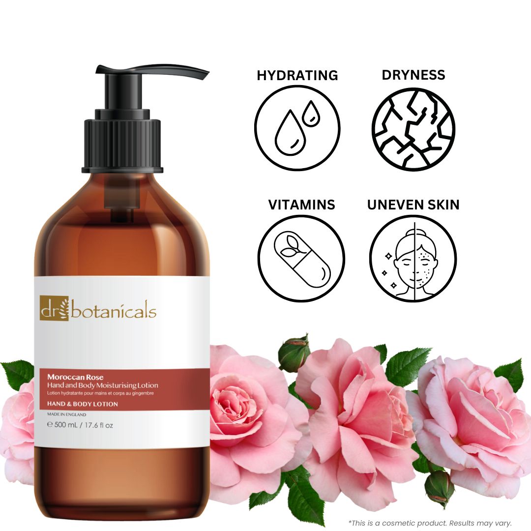 Braune Flasche mit schwarzem Pumpverschluss. Etikett mit Produktinformationen. Rosen und Icons. Text: Moroccan Rose Hand & Body Moisturising Lotion.