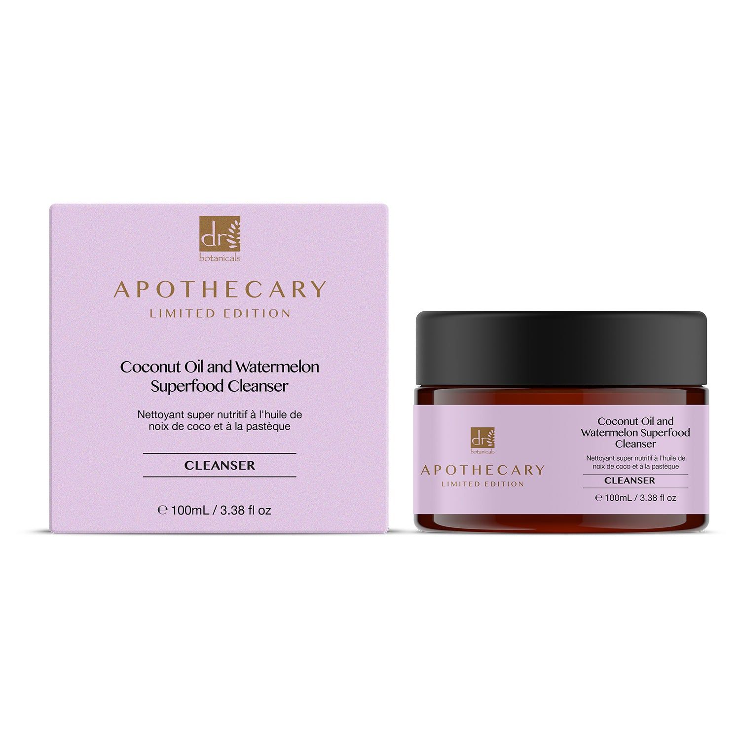 Cremebehälter und Schachtel. Aufschrift: Coconut Oil and Watermelon Superfood Cleanser. Marke: Dr Botanicals.