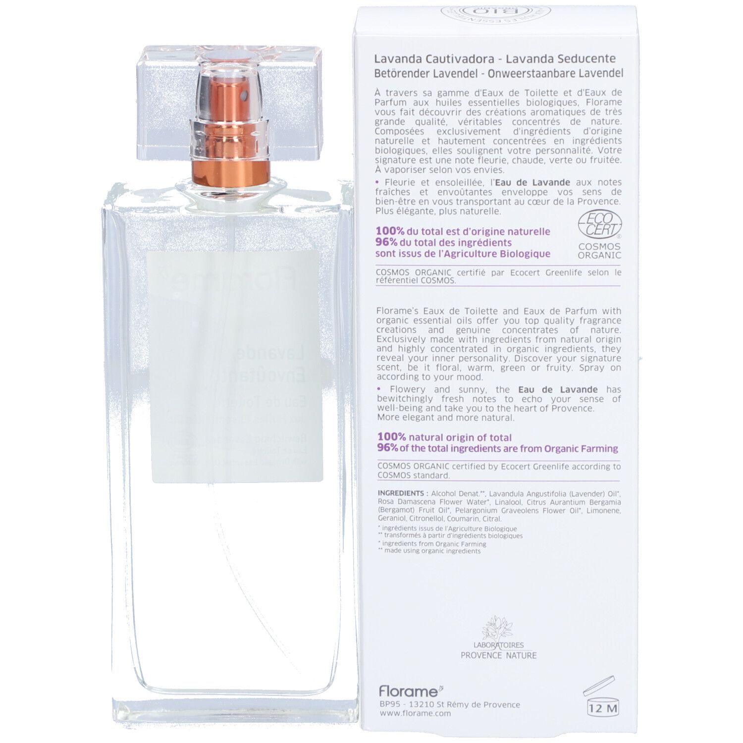 Transparenter Flakon mit Produktinformationen und Text. Aufschrift: Lavande Cautivadora, Bio-Zertifizierung.