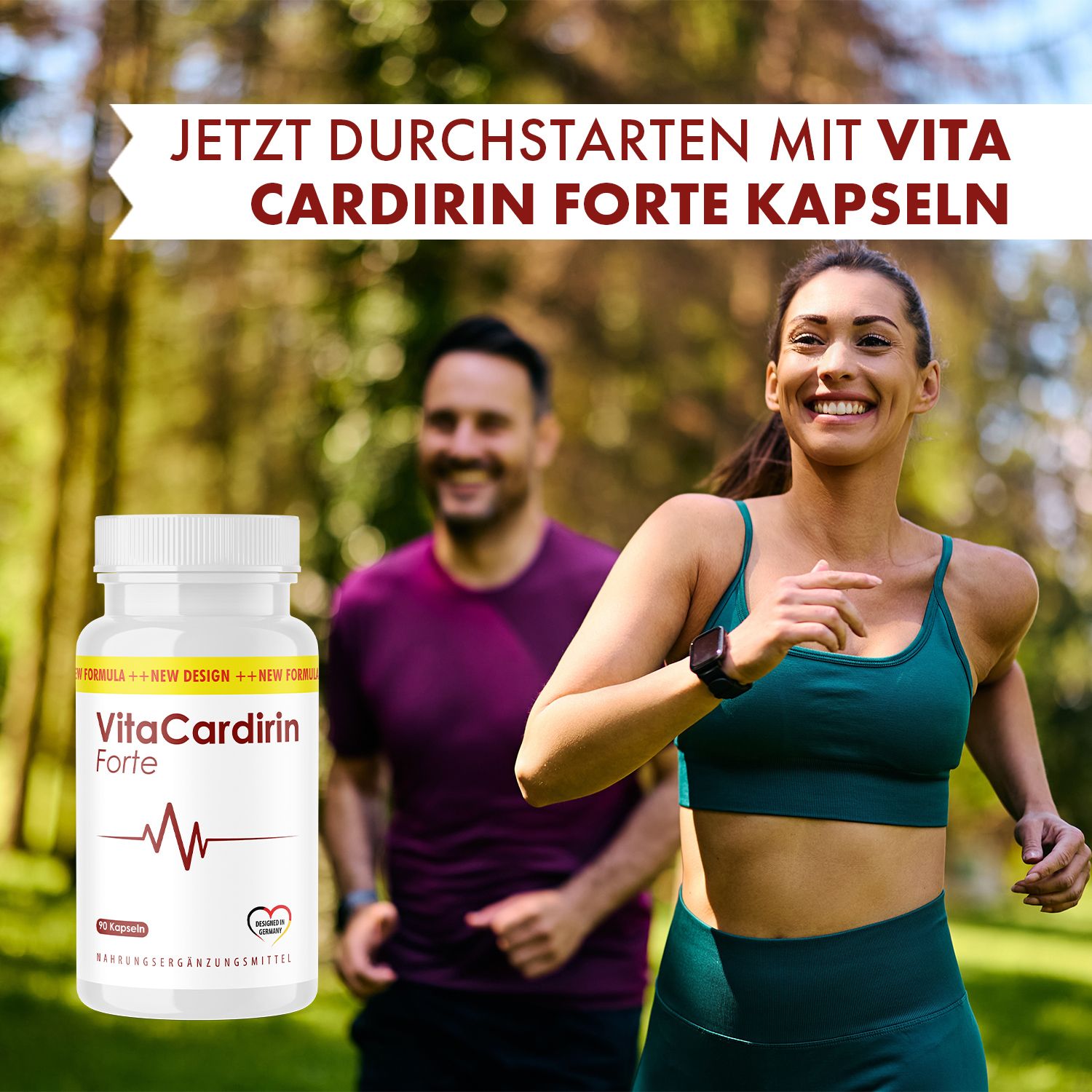 Mann und Frau joggen im Park. Daneben Flasche VitaCardirin Forte. Aufschrift: Nahrungsergänzungsmittel. Rote Herzlinie. 90 Kapseln.