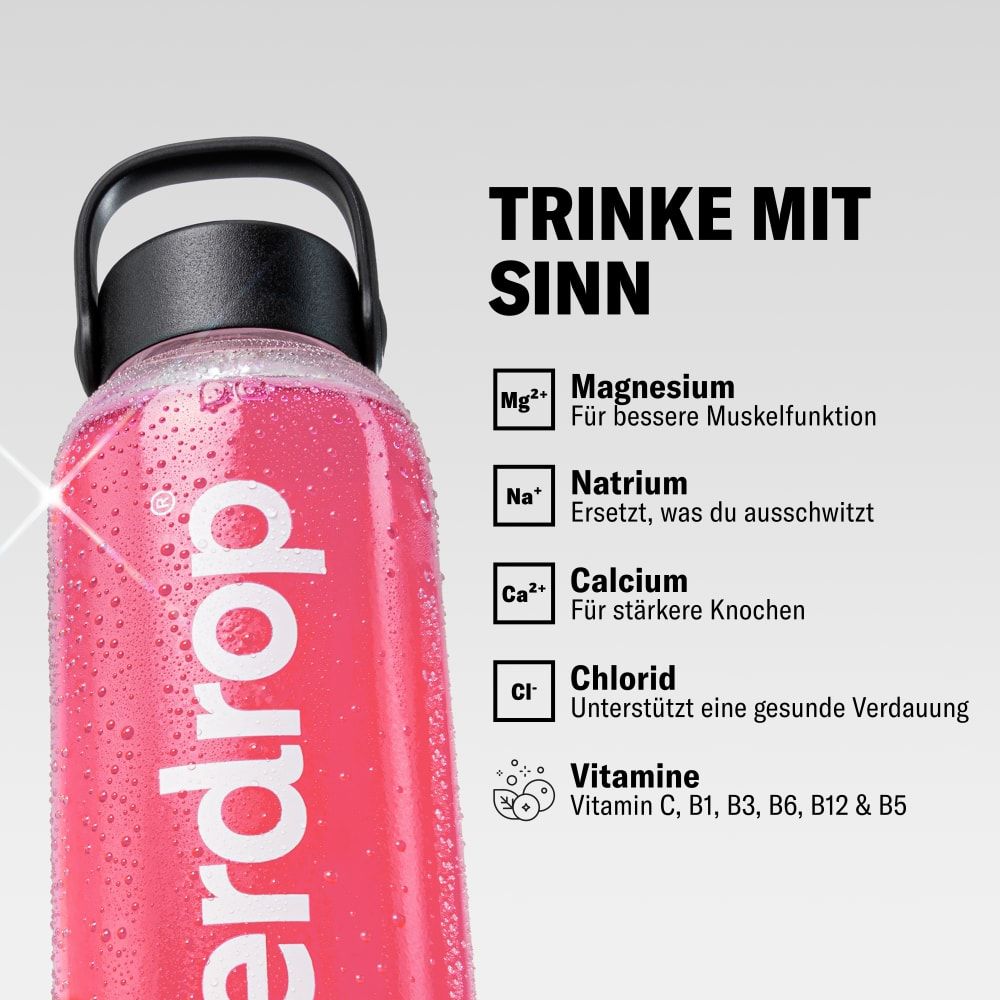 Pinke Trinkflasche mit Text: waterdrop®. Text: Magnesium, Natrium, Calcium, Chlorid, Vitamine. Text: Trink mit Sinn.