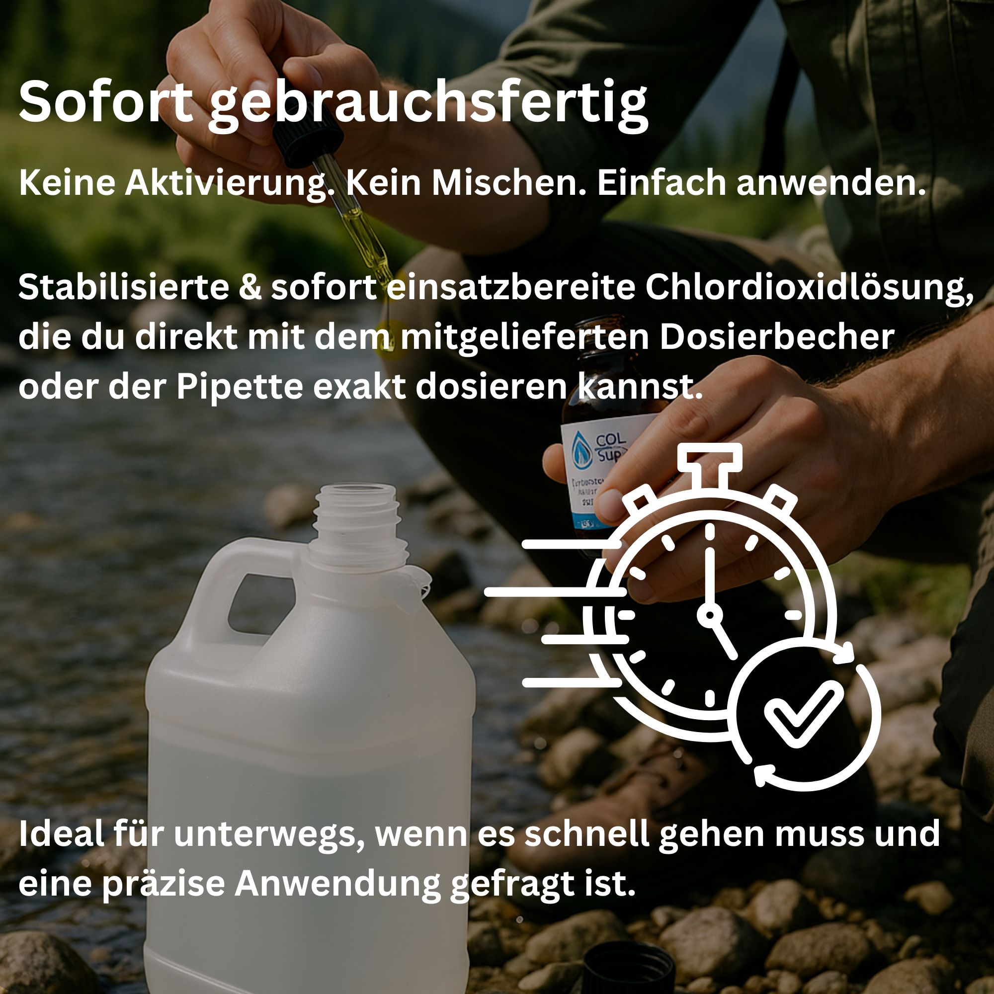 Person dosiert Flüssigkeit aus einer Flasche in einen Messbecher. Ein Kanister und eine Pipette sind ebenfalls sichtbar. Text: Sofort gebrauchsfertig.