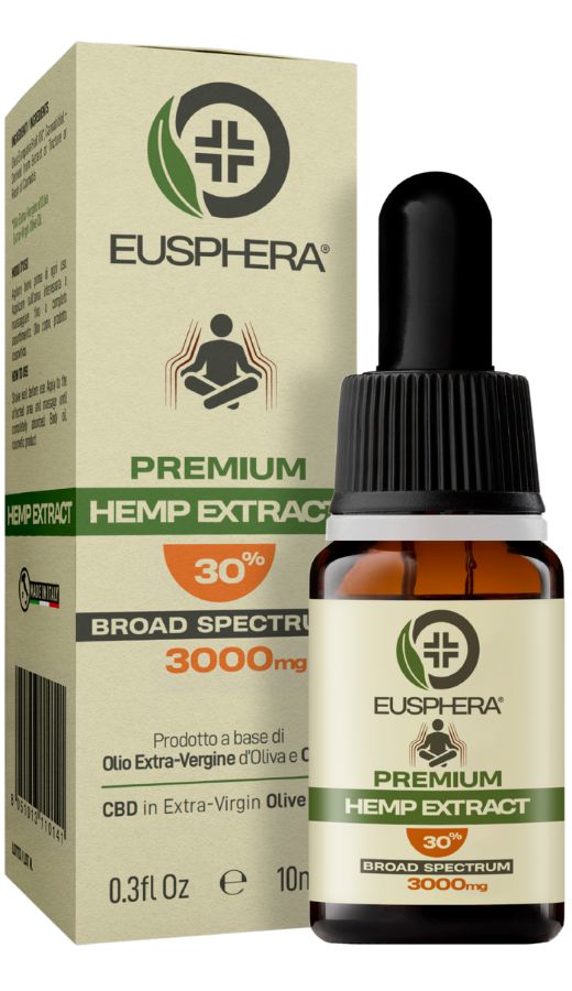 Braune Glasflasche mit schwarzem Deckel und Pipette. Aufschrift: Eusphera, Premium Hemp Extract, 30%, Broad Spectrum.