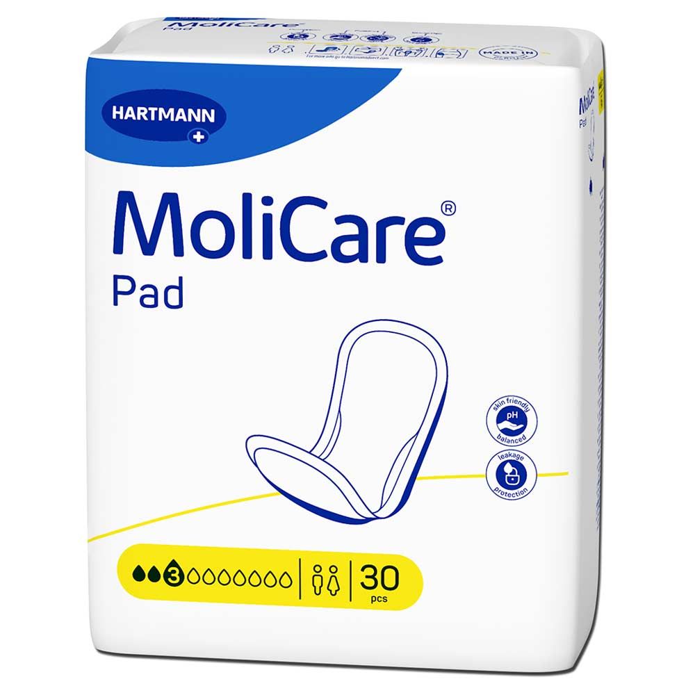 MoliCare Pad Verpackung, 3 Tropfen. Marke Hartmann. 30 Stück. Mit pH-hautneutral und Auslaufschutz-Symbolen.