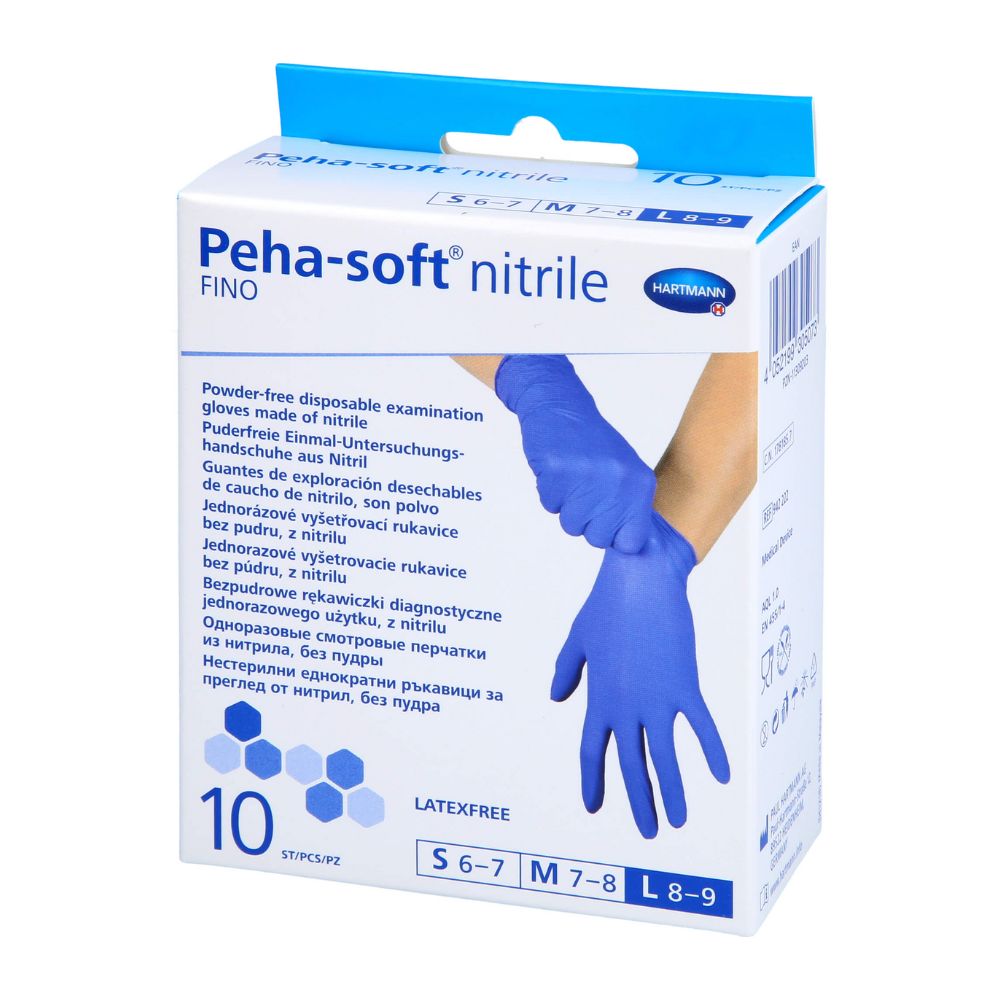 Scatola di guanti monouso blu in nitrile, senza polvere. Taglie S 6-7, M 7-8, L 8-9. Marchio Peha-soft.