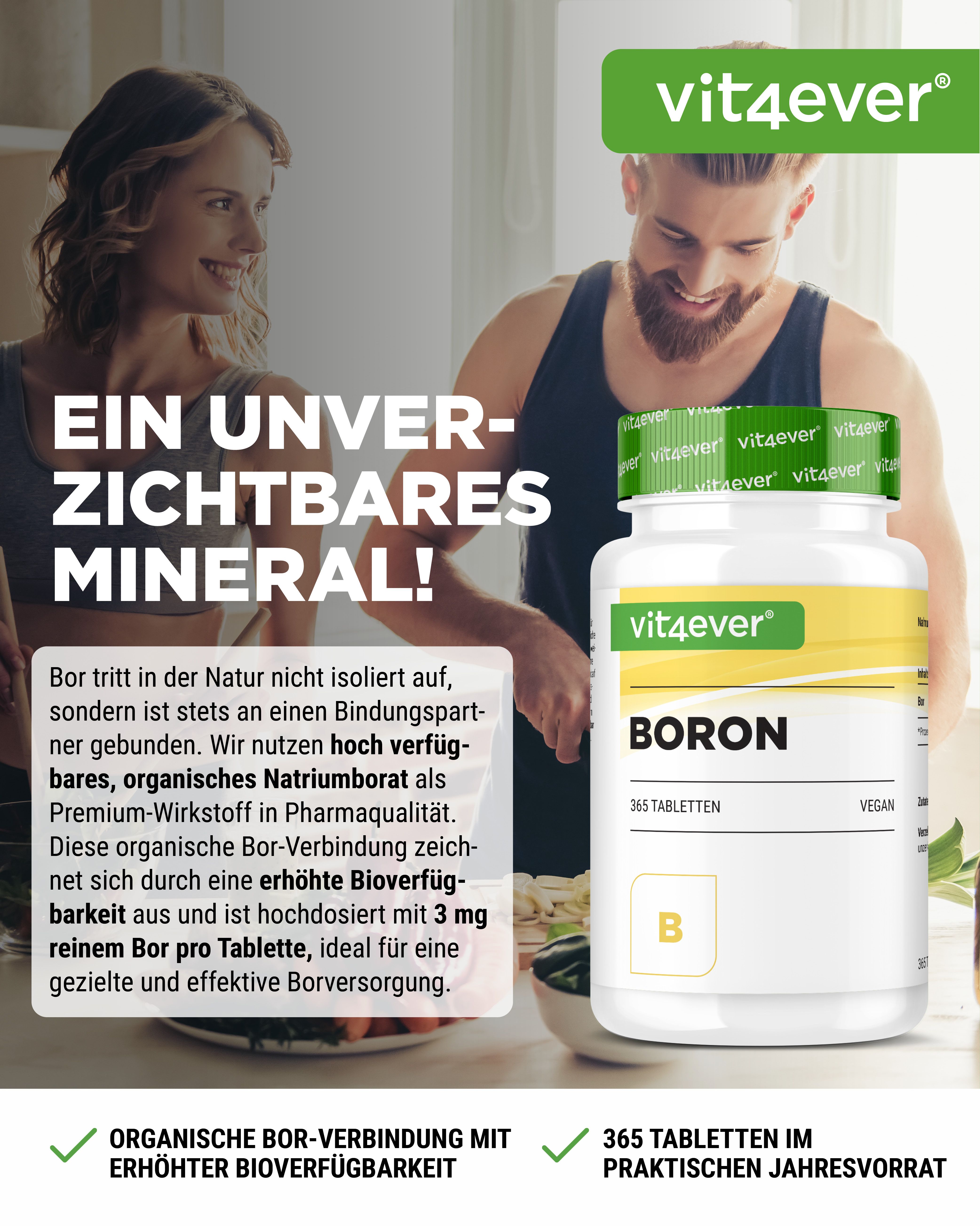 Weißes Vit4ever Boron-Behälter mit grünem Deckel. Aufschrift: Boron, 365 Tabletten, Vegan. Im Hintergrund: Personen.