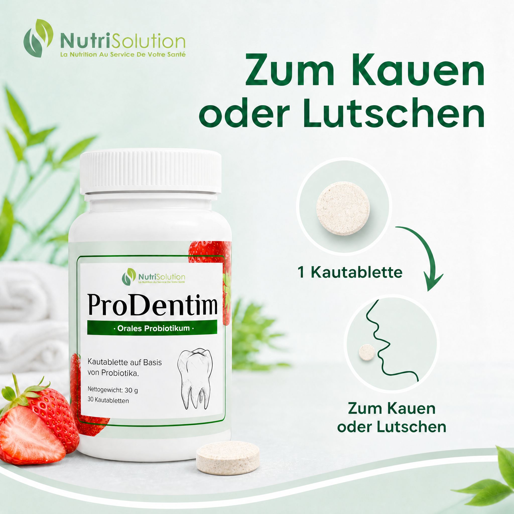 NutriSolution ProDentim Dose mit Kautabletten-Darstellung zum Kauen oder Lutschen.