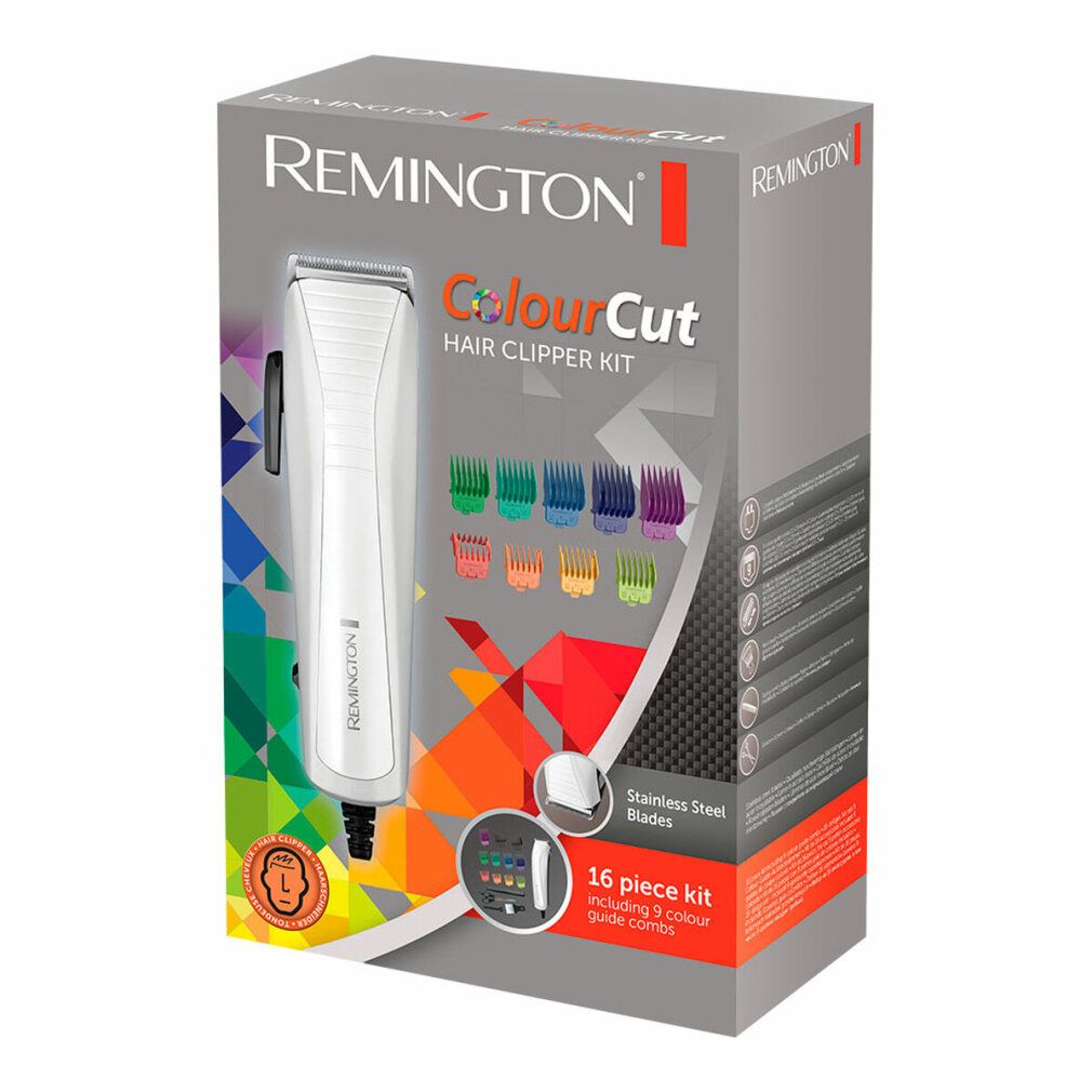 Verpackung mit Haarschneider und Zubehör. Marke Remington. Farbige Aufsätze.