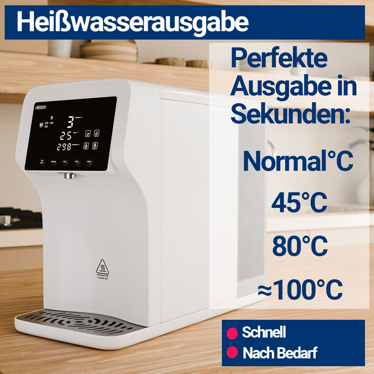 Weißer Wasserfilter mit digitalem Display. Text: Heißwasserausgabe. Temperaturen: Normal, 45°C, 80°C, ≈100°C. Schnell/Nach Bedarf.