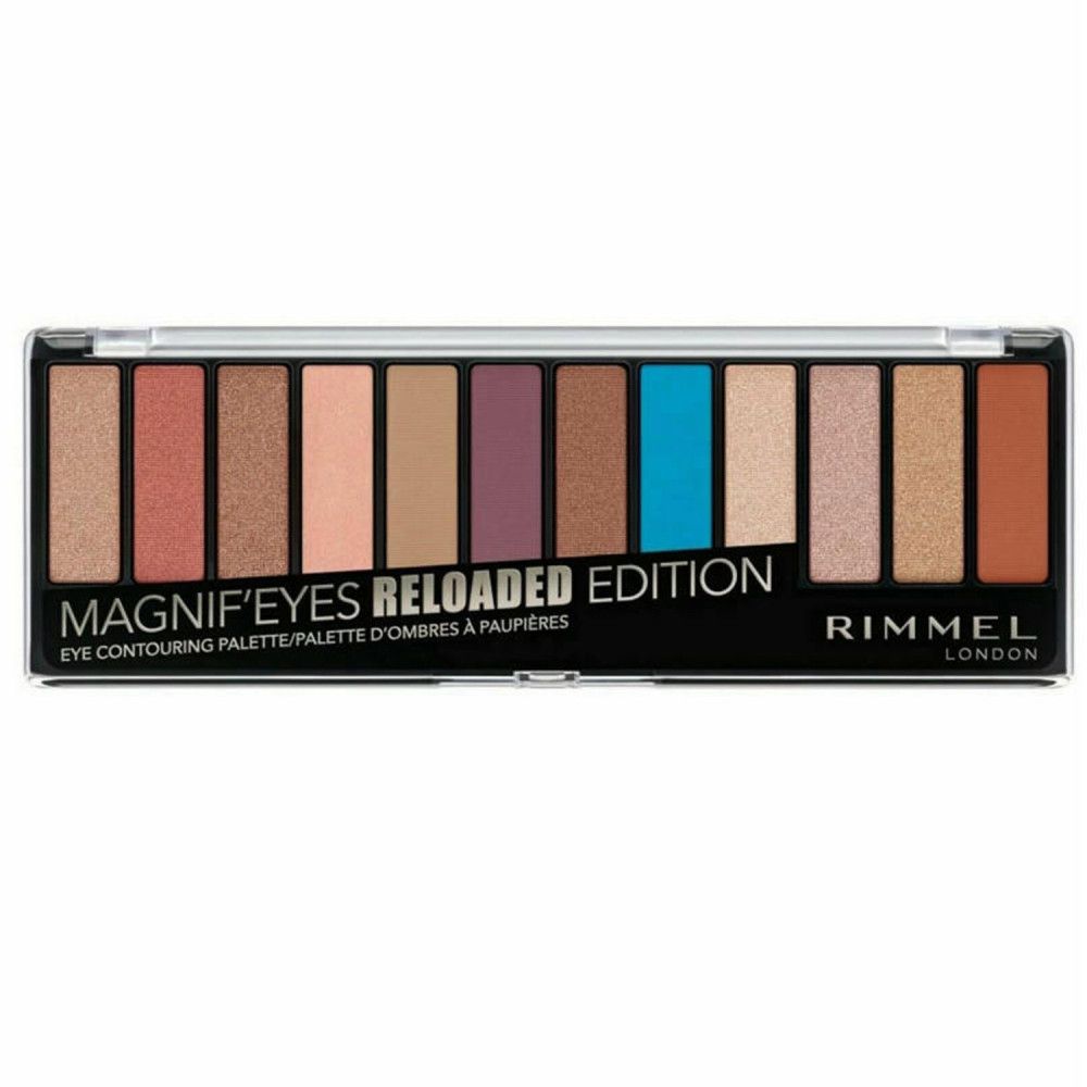 Lidschatten-Palette Magnif'Eyes Reloaded Edition von Rimmel. Schwarze Kunststoffverpackung mit 12 Farbtönen. Markenname und Produktbezeichnung.