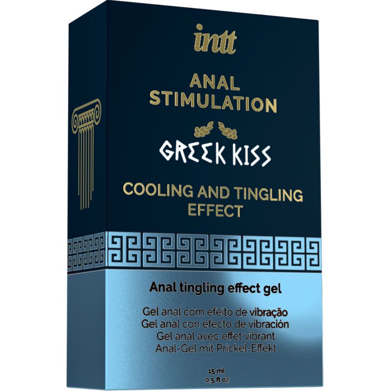 Verpackung und Flasche des INTT Greek Kiss Anal Stimulation Gels mit kühlendem und prickelndem Effekt.