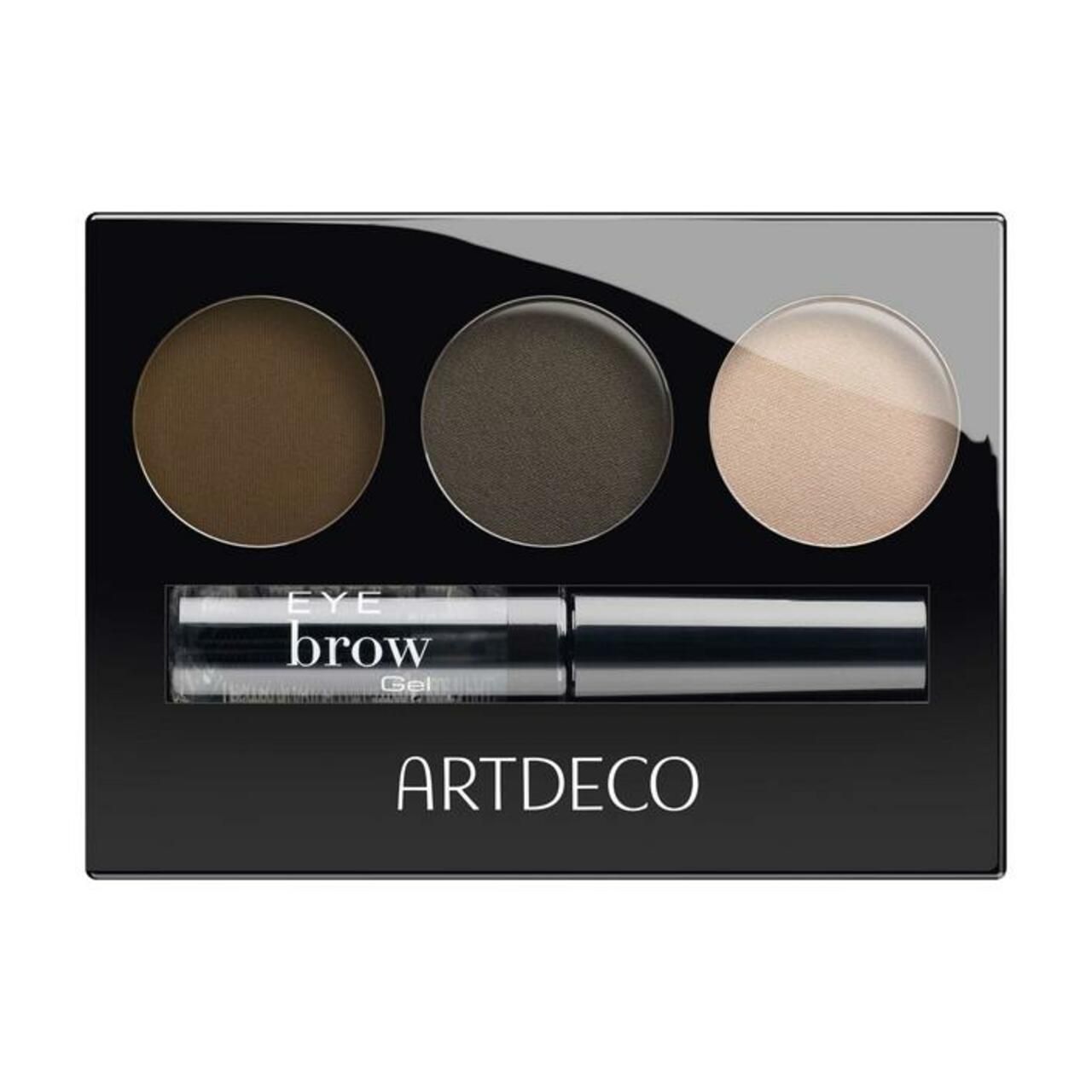 Artdeco Augenbrauen-Kit. Schwarze Palette mit drei runden Farbtönen, Augenbrauengel und Pinsel.