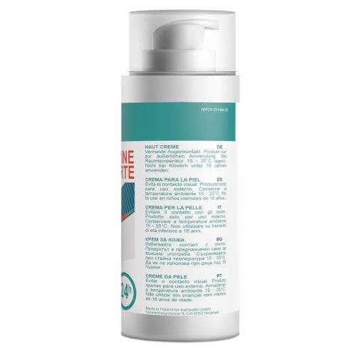 Rückseite der Creme-Flasche mit Text in mehreren Sprachen. Enthält Informationen zur Anwendung und Lagerung.