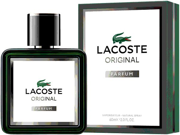Parfumflakon und Verpackung. Flakon quadratisch, grün umrandet, weißes Etikett. Verpackung grün mit Logo und Schriftzug "ORIGINAL".