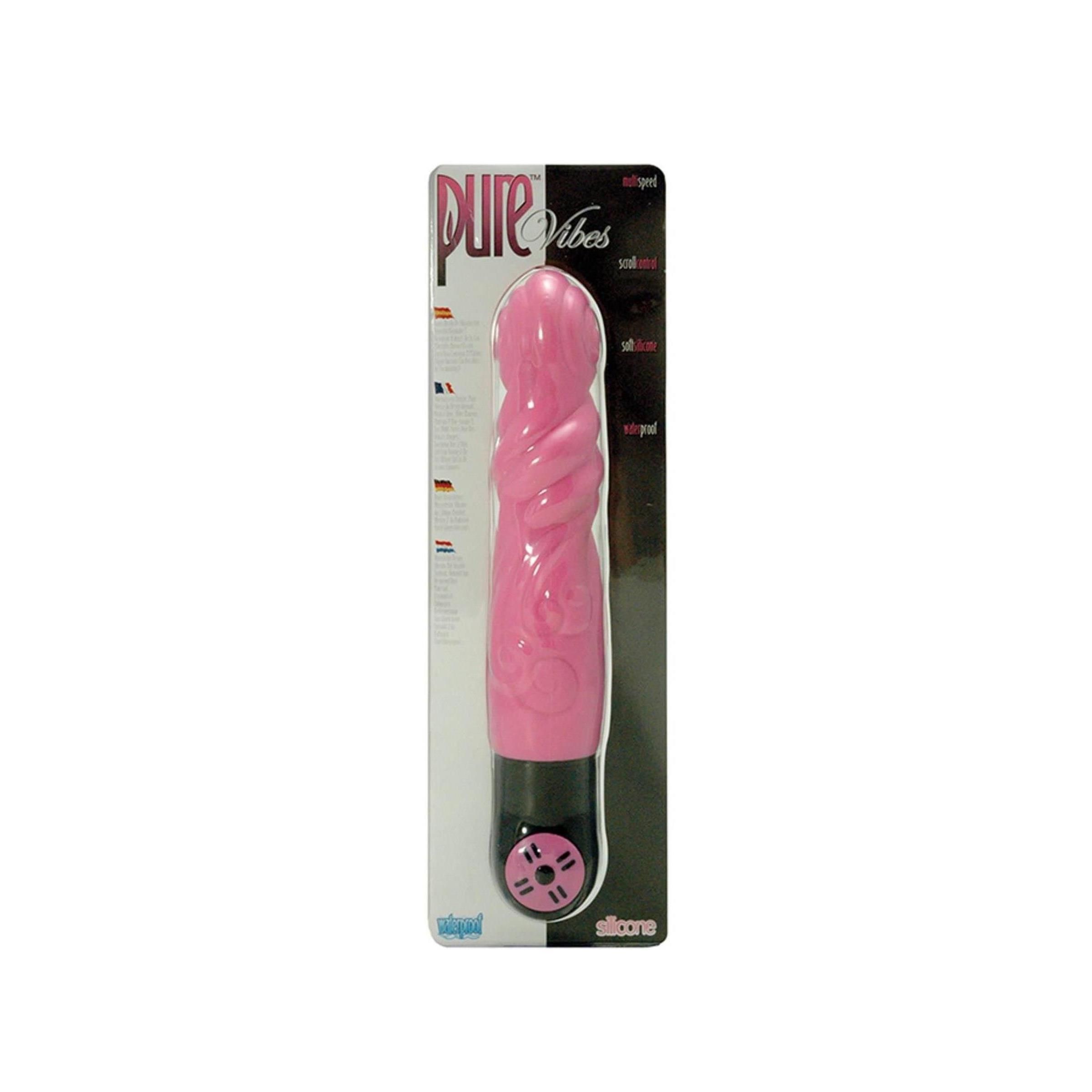Rosa Vibrator in Verpackung. Schwarzer Griff, pinkfarbener Kopf mit Wirbelmuster. Verpackung mit Produktnamen und Logos.