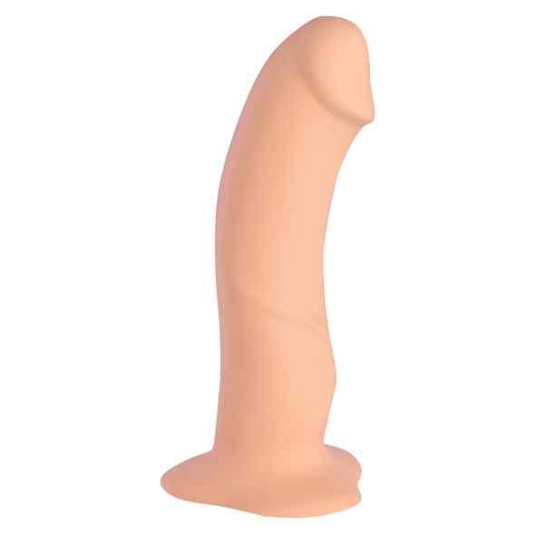 Beigefarbener Dildo mit gebogener Form. Basis und Spitze sind erkennbar.