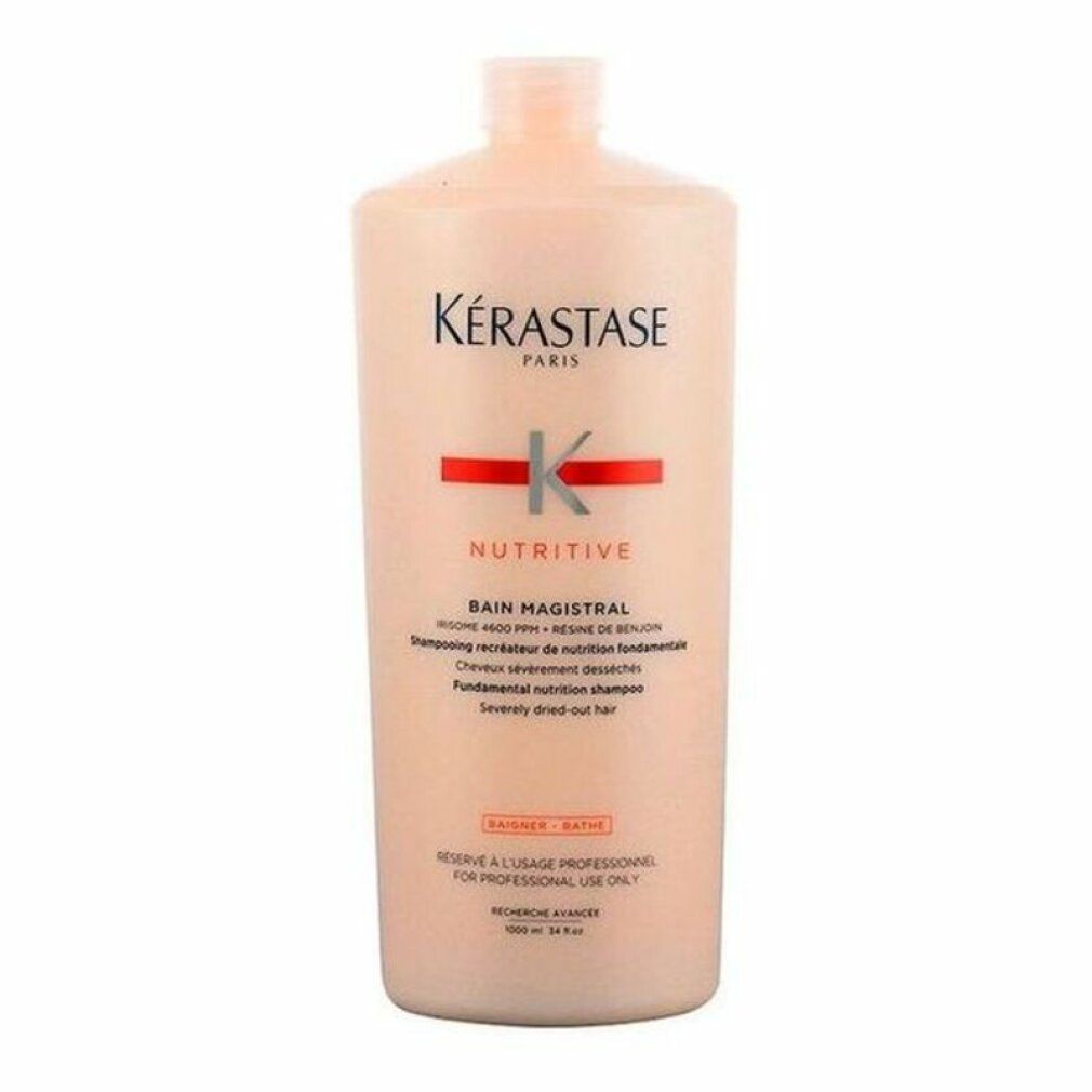 Kerastase Nutritive Bain Magistral Shampoo. Große beige Flasche ohne Deckel. Produktname und Logo. Für Profis.