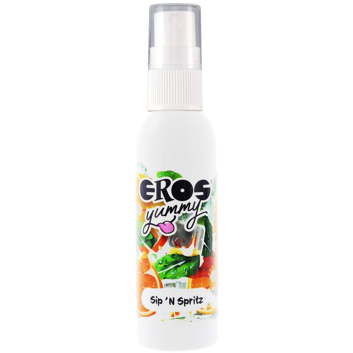 Weiße Sprühflasche mit transparentem Deckel. Aufschrift: EROS yummy Sip 'N Spritz, mit bunten Früchten.
