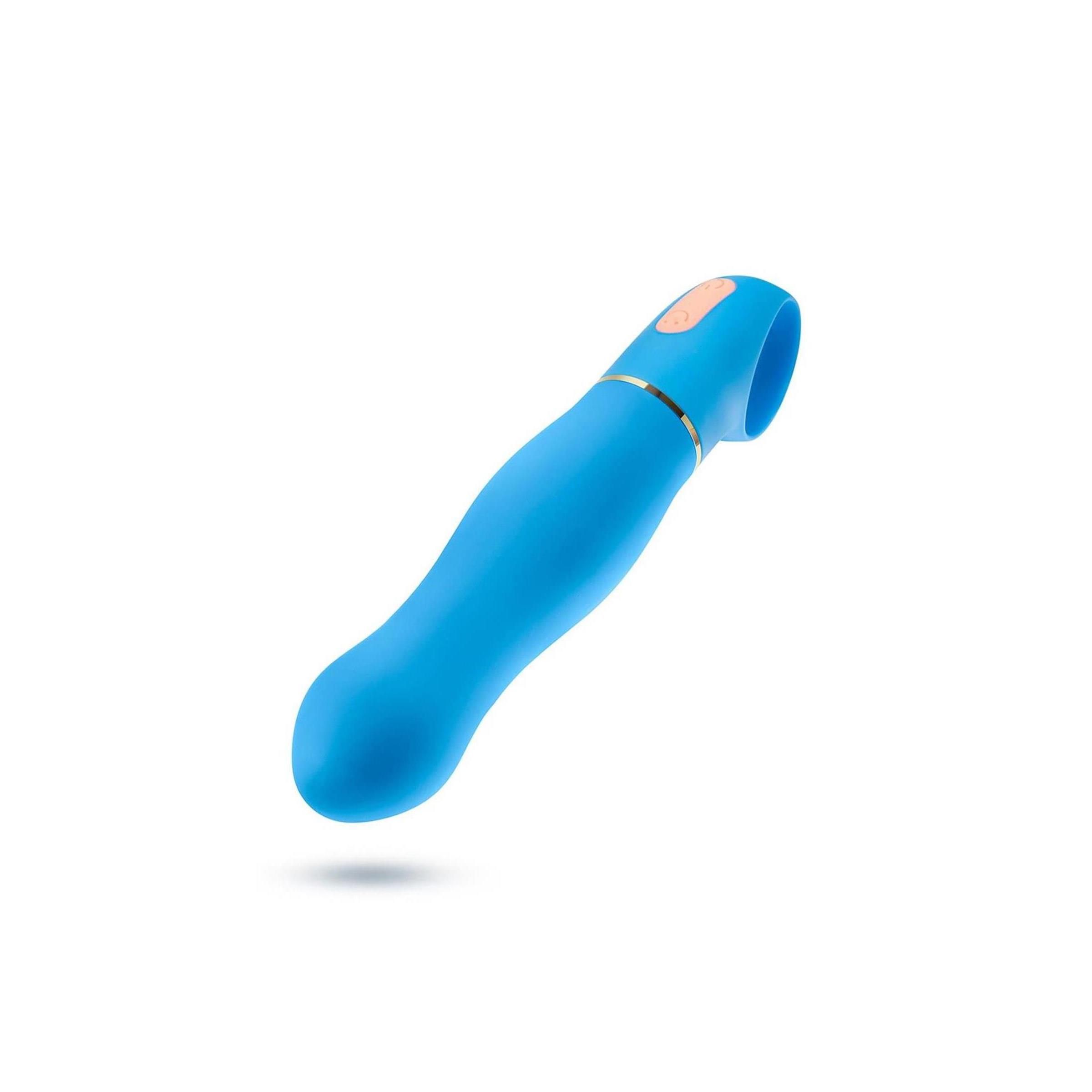 Blaues Wellness-Produkt mit gebogener Form. An einem Ende eine Öffnung, am anderen eine Erhebung mit Knopf. Goldfarbene Akzente.