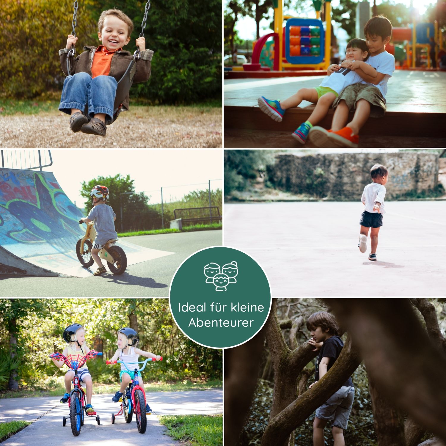 Collage von Kindern beim Spielen im Freien. Kinder auf Schaukel, Fahrrad, Spielplatz. Text: Ideal für kleine Abenteurer.