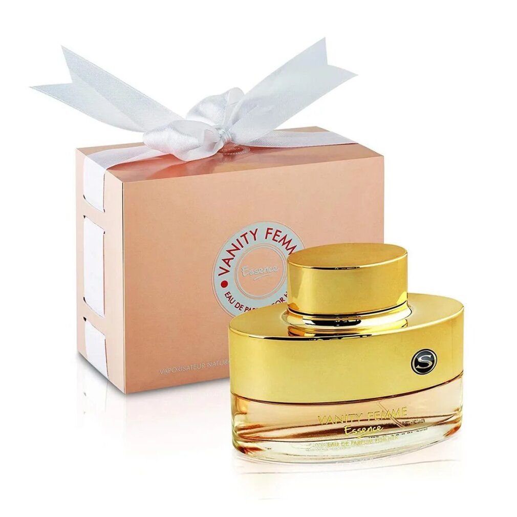 Parfümflasche und Geschenkbox mit Schleife. Flasche mit goldfarbenem Deckel. Box in Rosa mit rundem Aufkleber.