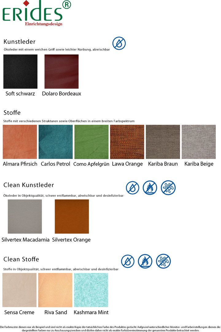 Farbpalette mit Stoff- und Kunstlederoptionen. Verschiedene Farben und Texturen werden gezeigt.