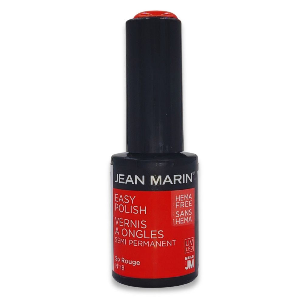 Rote Nagellackflasche von Jean Marin. Schwarzer Deckel, roter Inhalt. Aufschrift: Easy Polish, Vernis à Ongles, Semi Permanent, HEMA Free.