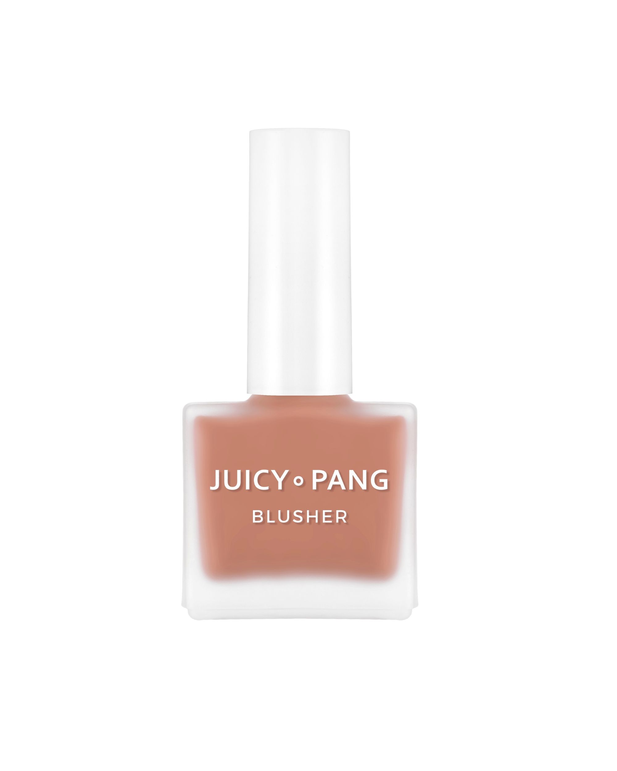 Blush-Fläschchen mit weißem Deckel. Aufschrift: Juicy-Pang Blusher. Flüssige, rosafarbene Textur in quadratischer Glasflasche.