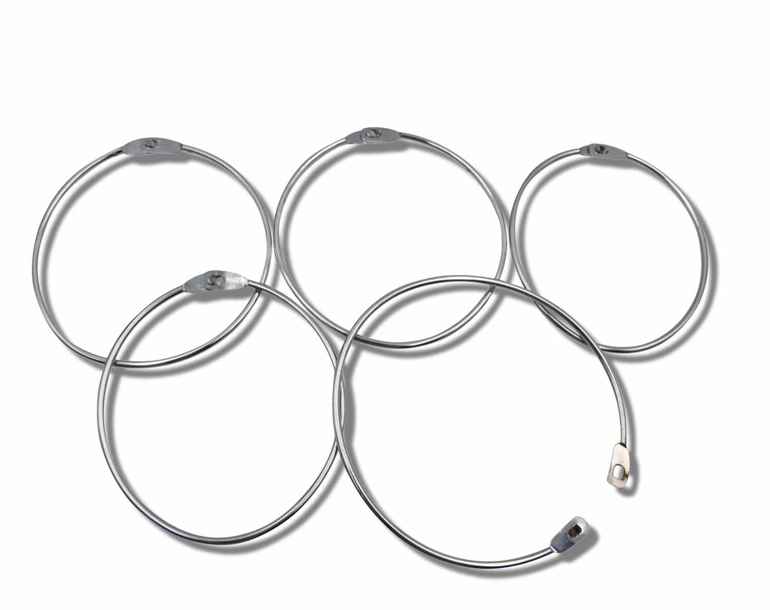 Fünf Metallringe mit Schnellverschluss. Ringe sind verbunden. Hintergrund weiß.