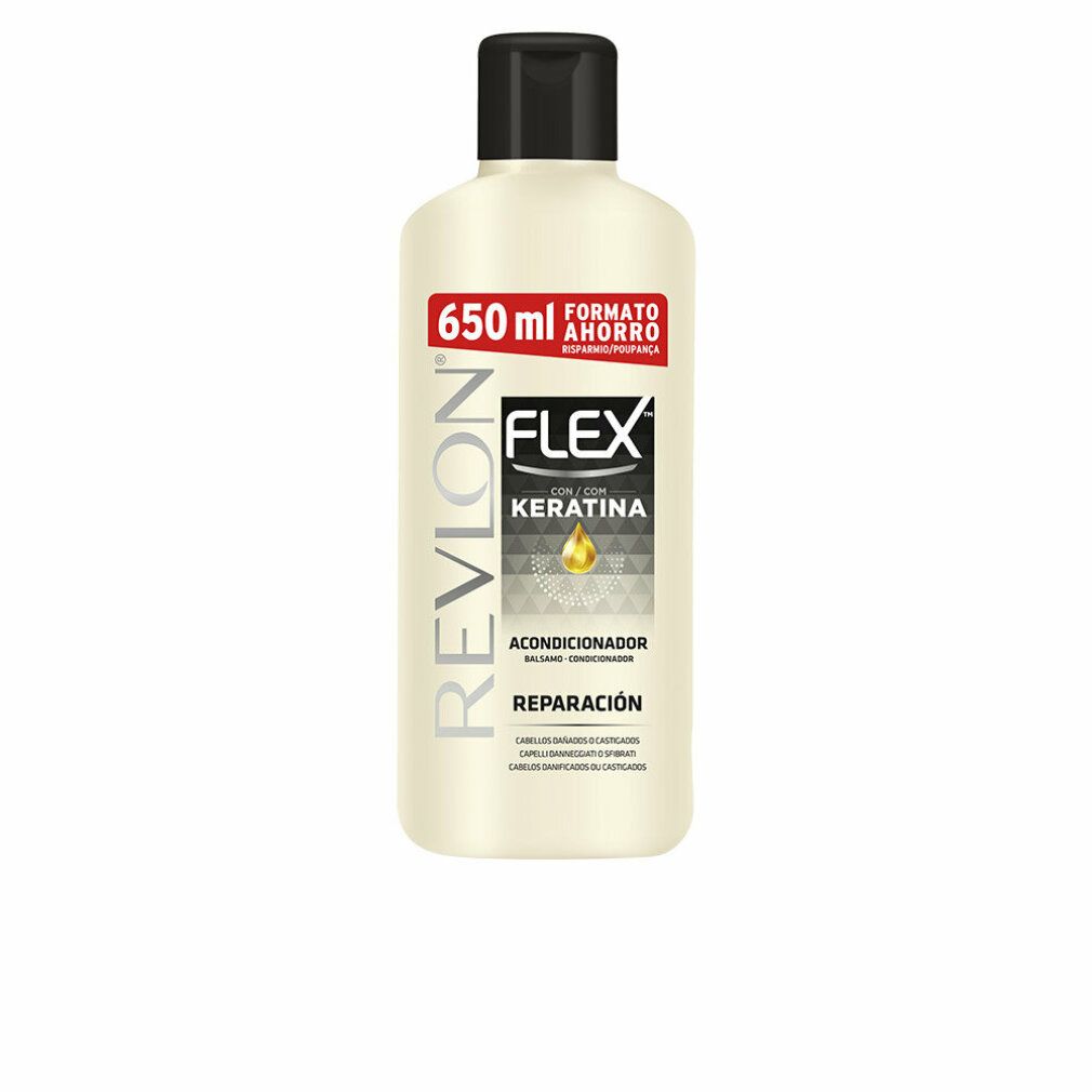 Beige Flasche mit schwarzem Deckel. Aufschrift: Revlon Flex mit Keratin, Acondicionador Reparación. 650 ml.