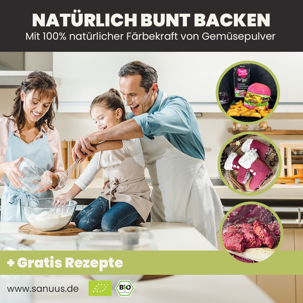 Familie backt. VegiX-Produkte, Burger, Kekse. Bio-Siegel. Text: Natürlich bunt backen. Gratis Rezepte. www.sanuus.de.