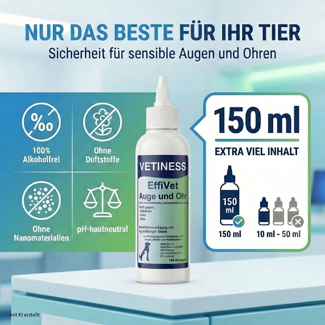 Weiße Flasche mit grünem Etikett. Text: Vetiness EffiVet Auge & Ohr. 150 ml. Ohne Alkohol, Duftstoffe, Nanomaterialien. pH-hautneutral.