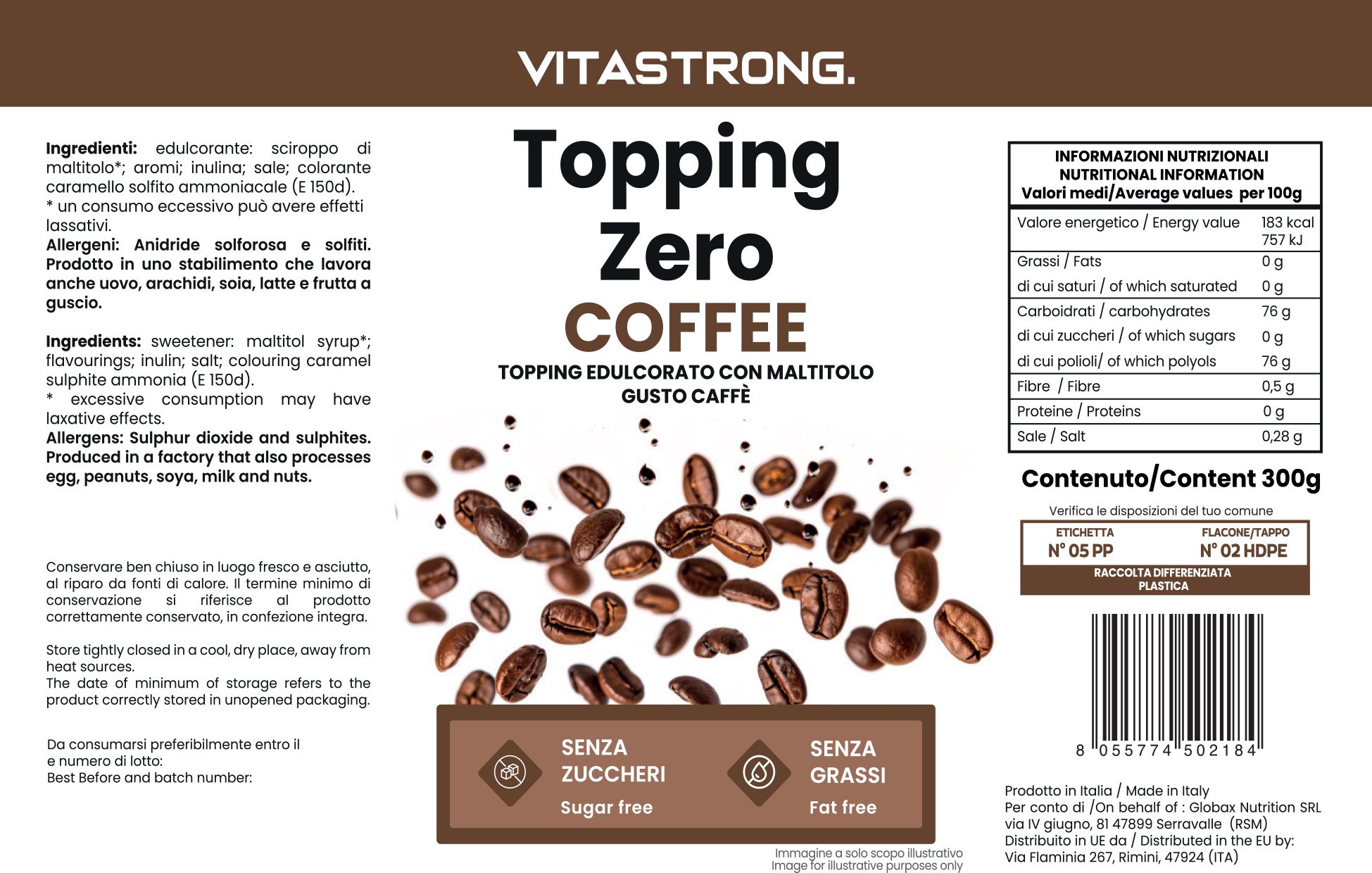 Etikett mit Produktinformationen. Text: Vitastrong, Topping Zero Coffee. Enthält Kaffeebohnen-Illustrationen. Angaben zu Inhaltsstoffen und Nährwerten.