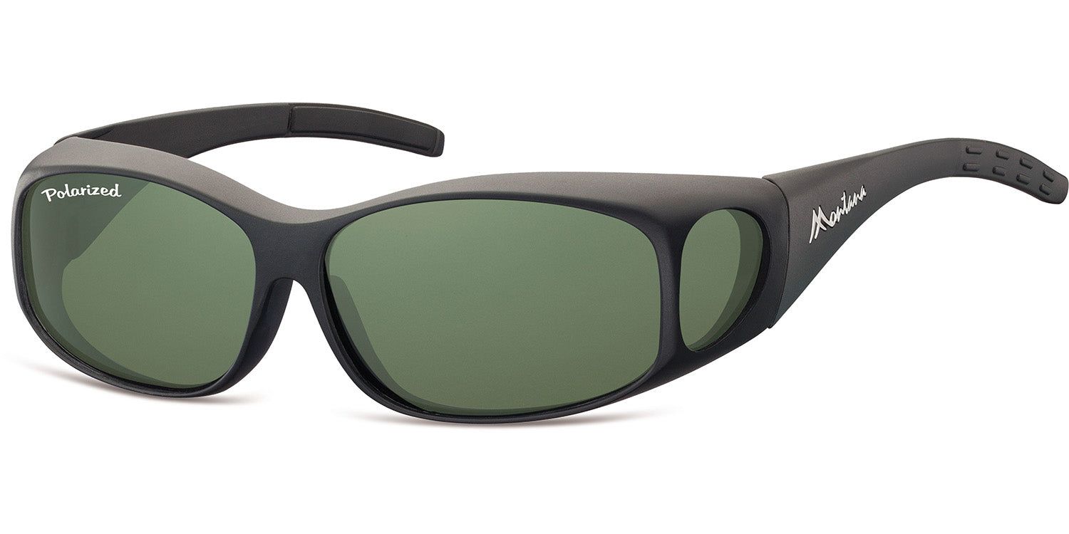 Sonnen-Überbrille, schwarz, grüne Gläser, seitlicher Markenschriftzug, 'Polarized' Schriftzug.