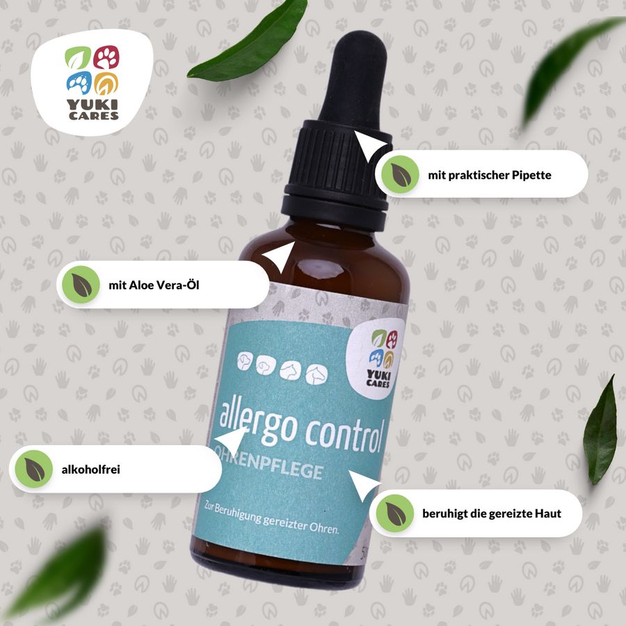 Braune Flasche mit Tropfer. Aufschrift: allergo control Ohrenpflege. Logo Yuki Cares. Text mit Aloe Vera Öl.