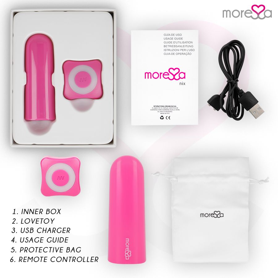 Produktverpackung mit Vibrator, Fernbedienung, Ladekabel, Beutel und Anleitung. Marke: Moressa.