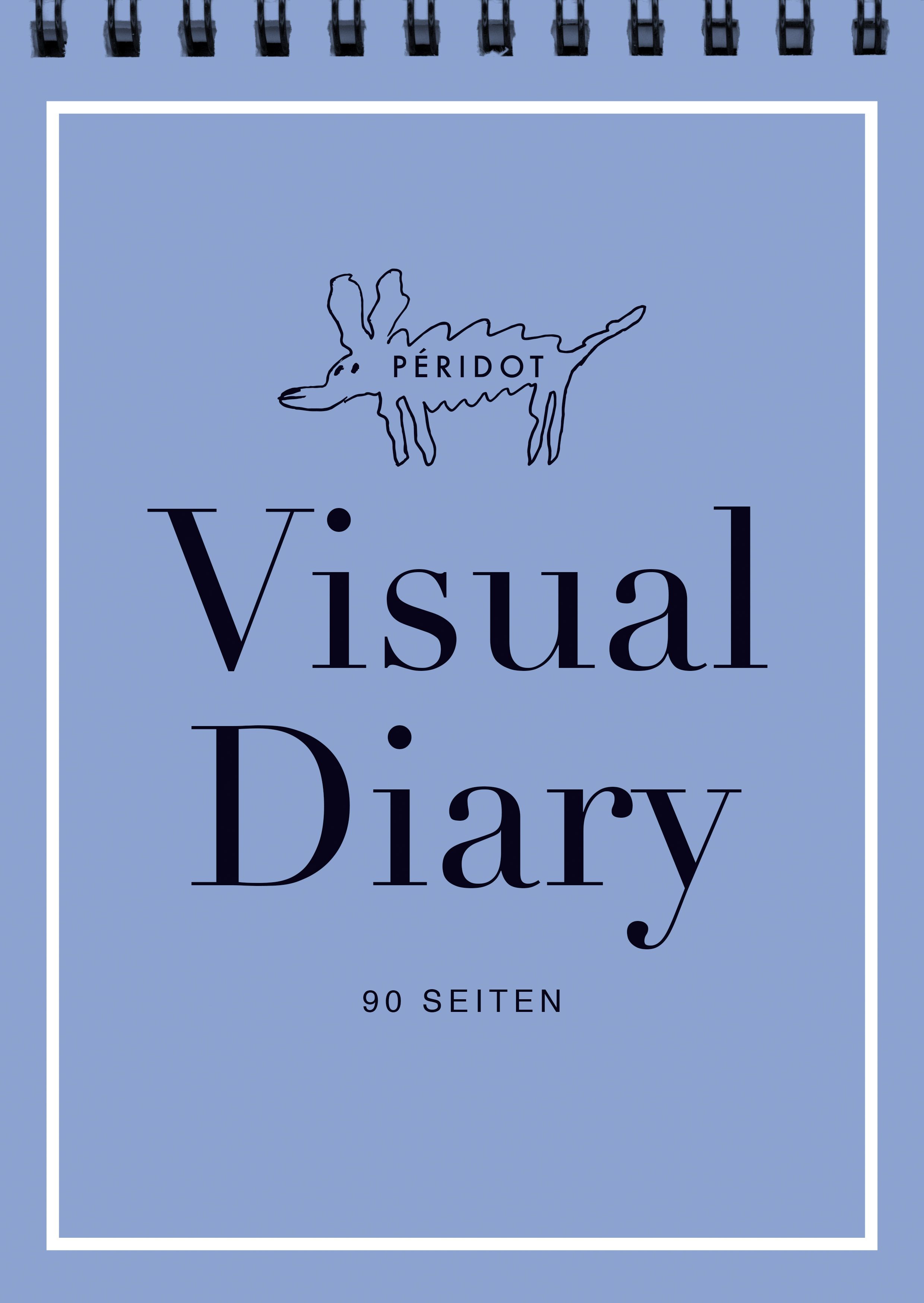 Notizbuch mit Spiralbindung. Auf blauem Hintergrund steht "Visual Diary" und "90 Seiten". Oben ein Hund.
