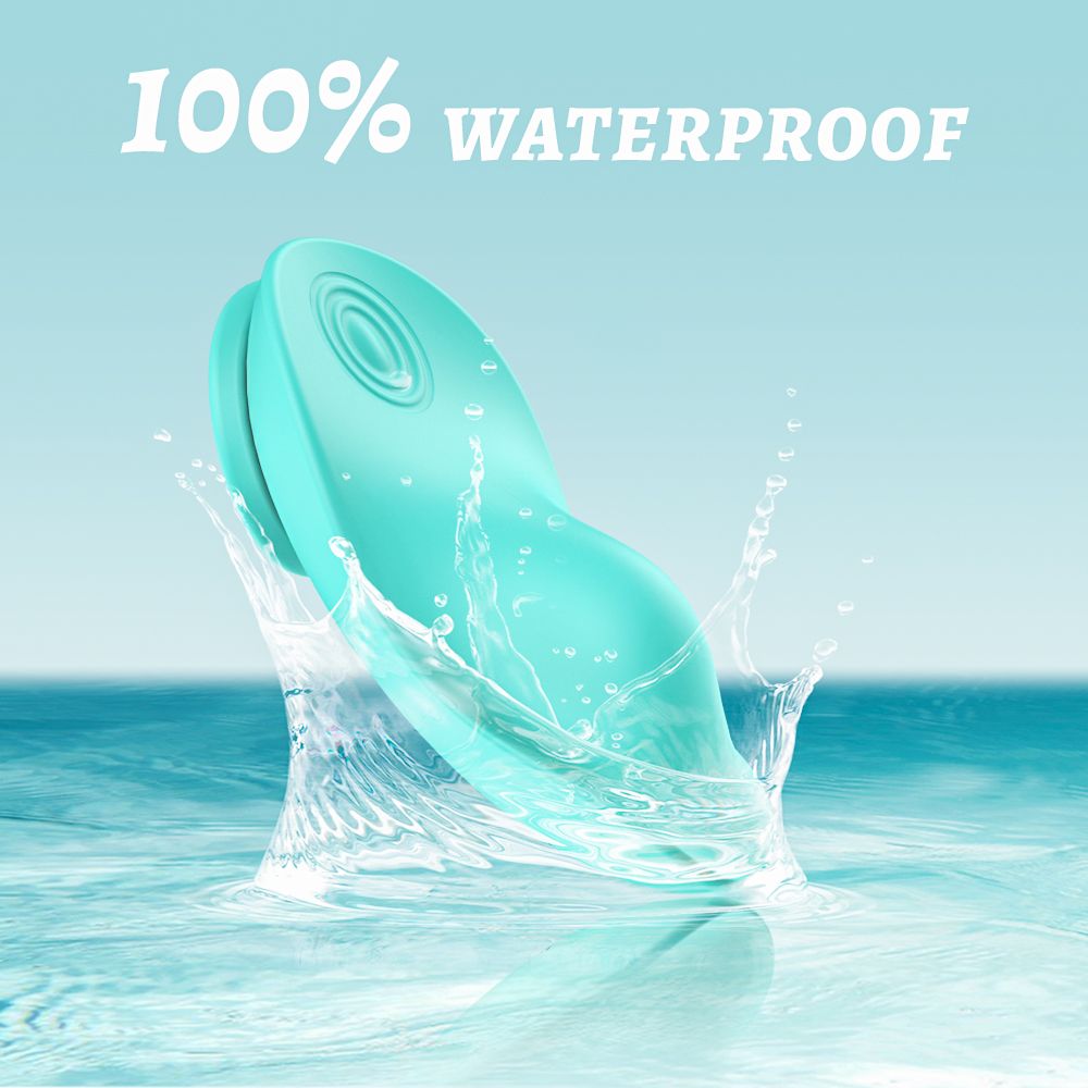 Türkisfarbenes Wellness-Produkt im Wasser. Text: 100% WATERPROOF.