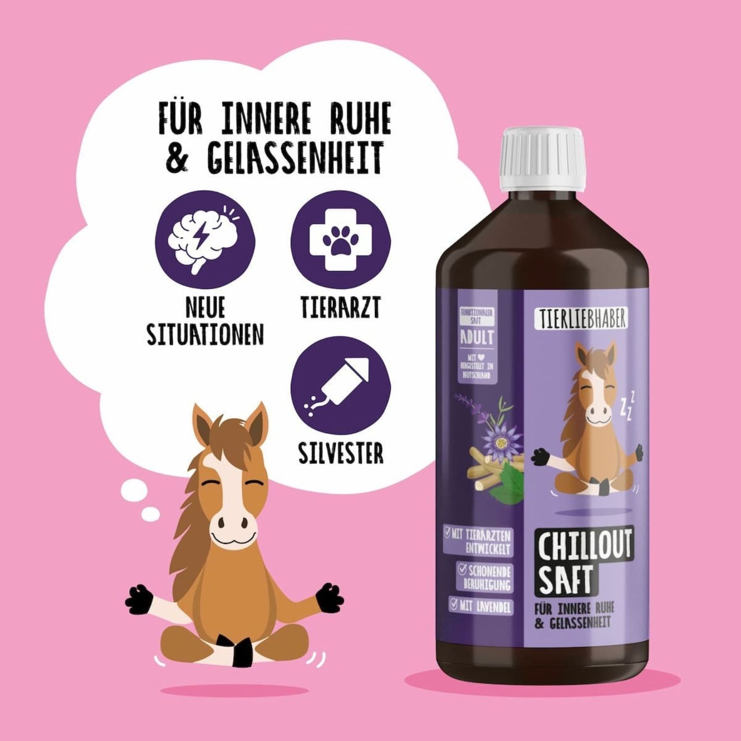 Tierliebhaber Chilloutsaft für Pferde, Flasche mit Illustrationen und einem Pferd in Meditationspose.