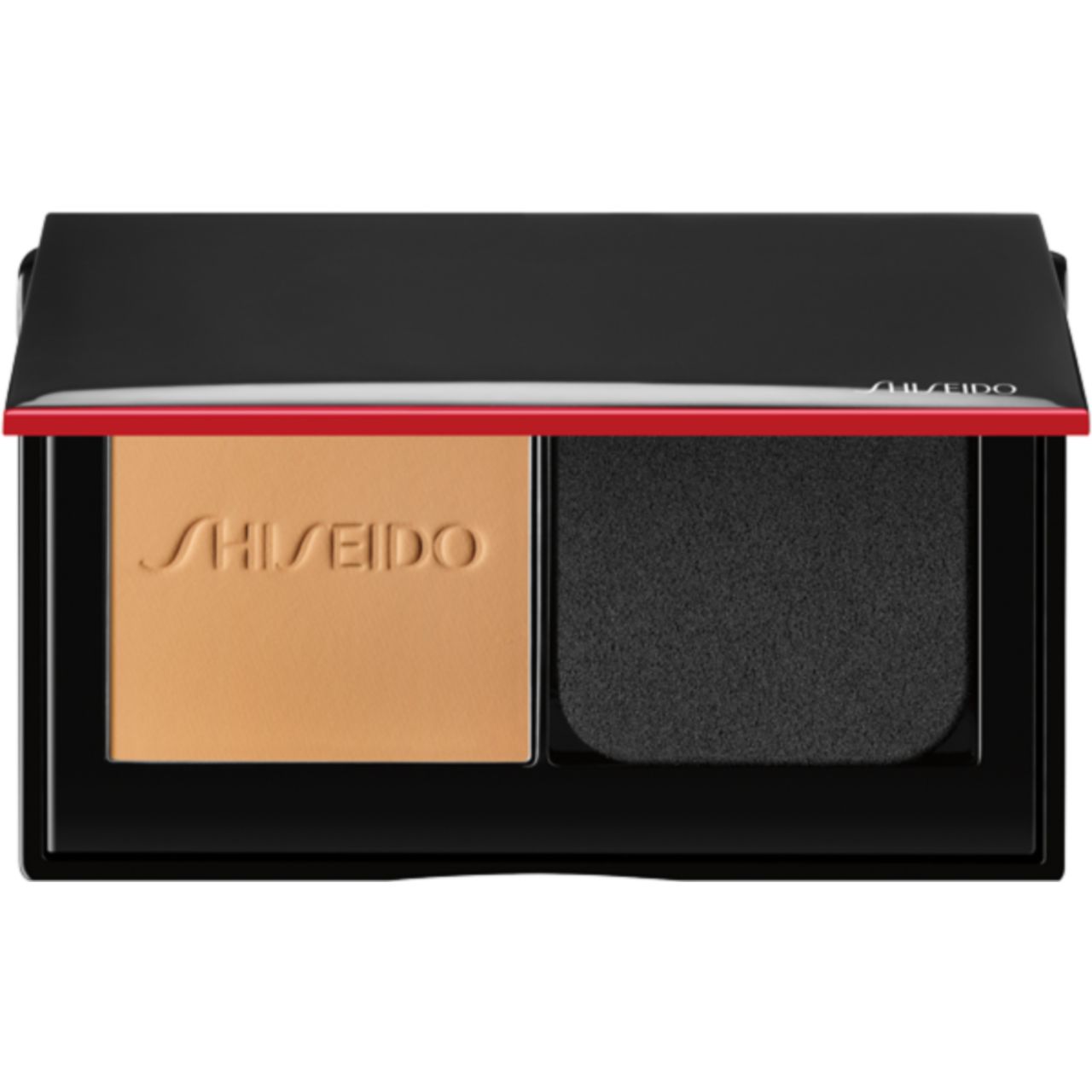 Kompaktpuder-Foundation mit Schwamm und Spiegel. Schwarzes Gehäuse mit rotem Akzent. SHISEIDO-Logo.