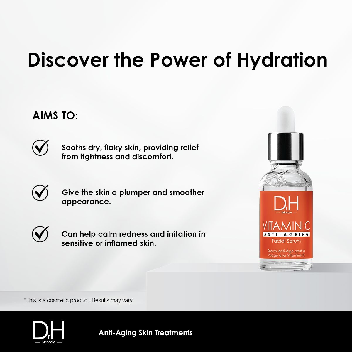 Produktflasche mit Pipette. Text: Discover the Power of Hydration. Ziele: Beruhigt, glättet, reduziert Rötungen.