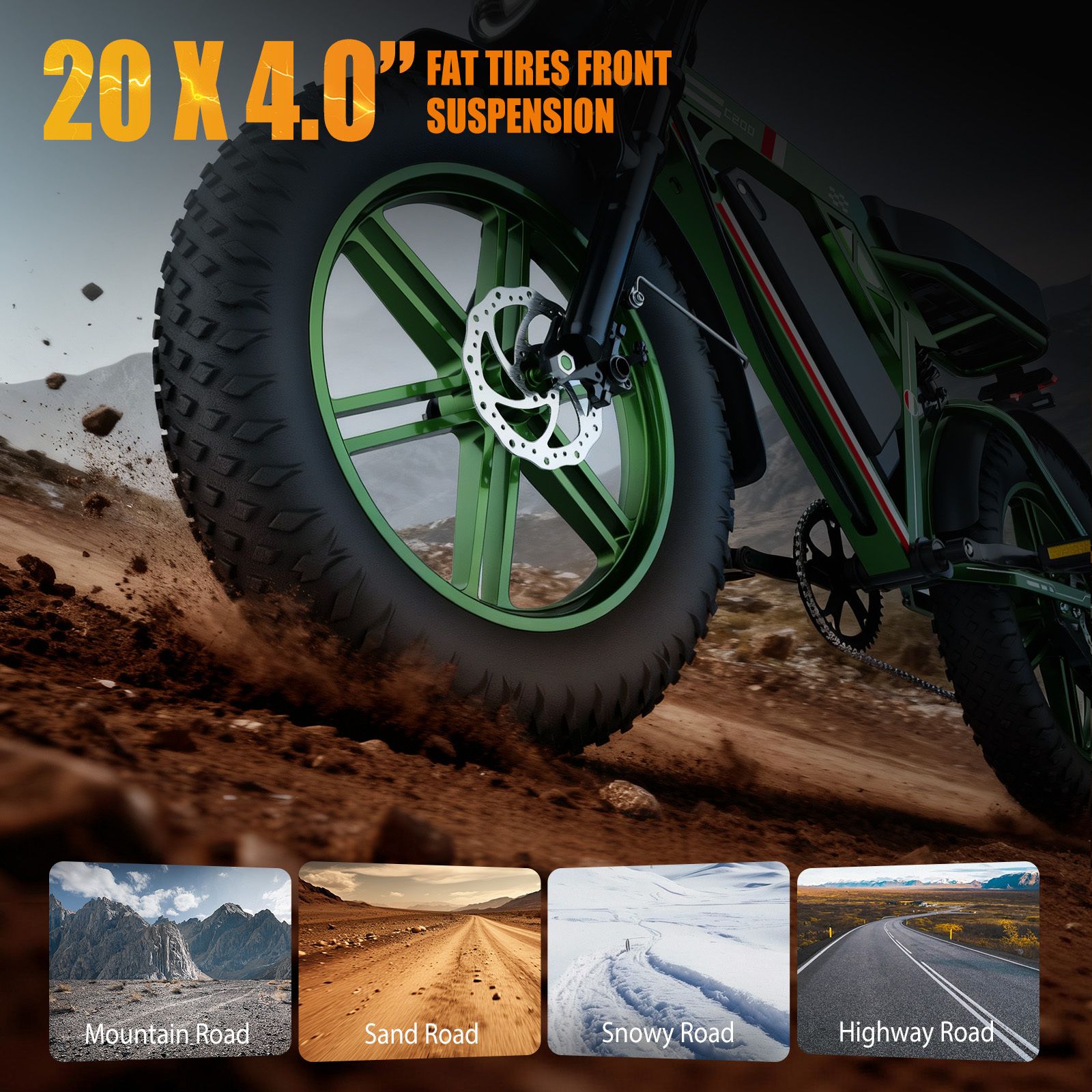 Nahaufnahme eines E-Bike-Reifens mit 20x4.0 Zoll. Bremsscheibe sichtbar. Vier Szenen: Berg-, Sand-, Schnee- und Straßen.