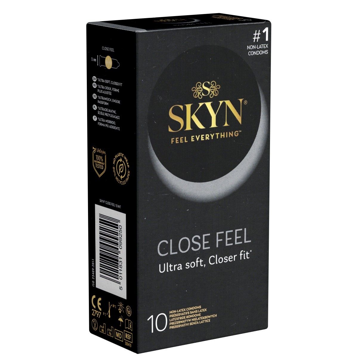 Schwarze Verpackung mit SKYN-Logo und Schriftzug "CLOSE FEEL". Enthält 10 Kondome. Aufschrift: Ultra soft, Closer fit.