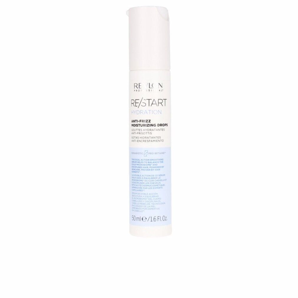 Weiße Flasche mit Produktetikett. Text: RE/START Hydration Anti-Frizz Moisturizing Drops. 50ml/1.6 fl oz.