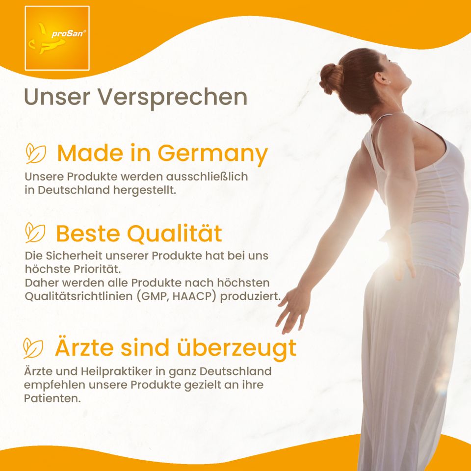 Frau in weißem Kleid streckt sich, proSan Magnesium Logo und Text "Unser Versprechen".