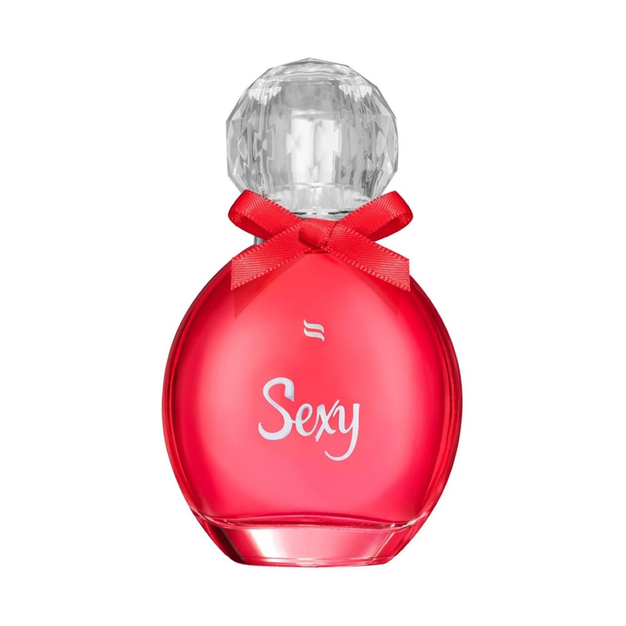 Runder, roter Flakon mit transparentem Verschluss und roter Schleife. Aufschrift "Sexy".