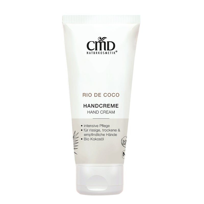 Weiße Tube mit CMD Naturkosmetik Handcreme. Aufschrift: Rio de Coco, Handcreme, Hand Cream. Für rissige, trockene & empfindliche Hände.