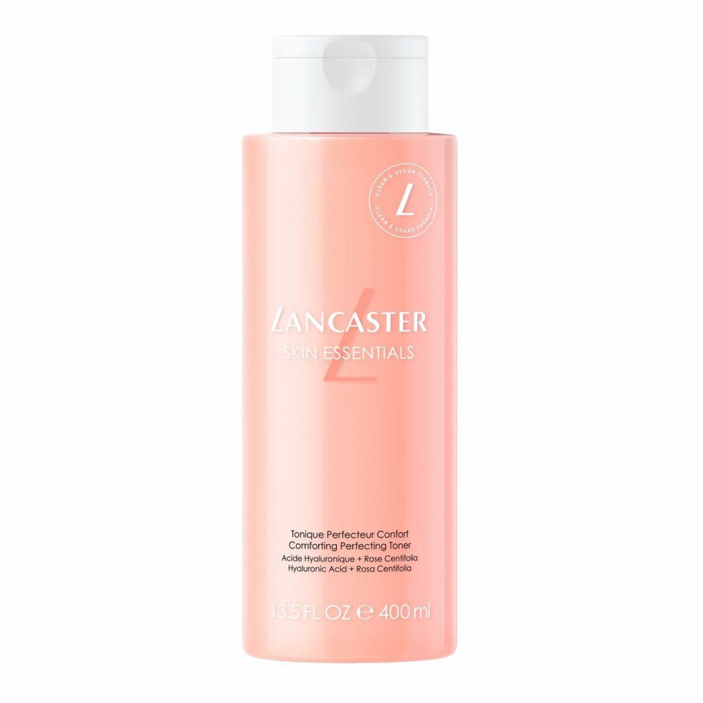 Rosa Flasche mit weißem Deckel. Aufschrift: Lancaster Skin Essentials Comforting Perfecting Toner. 13.5 FL. OZ. e 400ml.